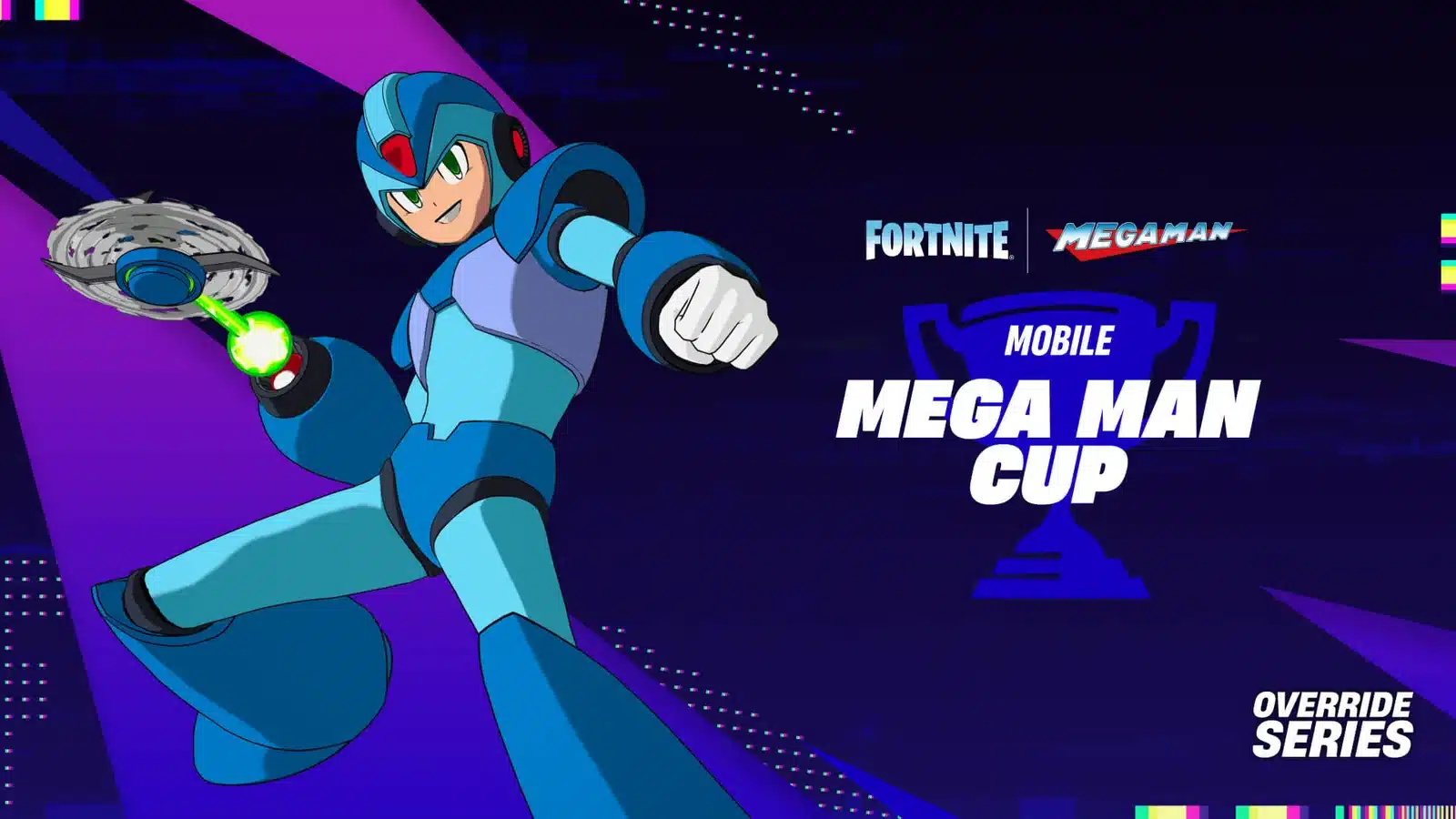 Official Fortnite Mega Man Mobile Cup poster featuring Mega Man X and Override Series branding