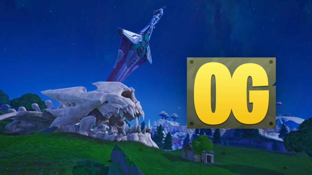 Fortnite OG Season X Discovery Banner Leaks Ahead of Launch Official Fortnite OG landscape image showing the Chapter 1 island under a night sky with the giant sword landmark and OG