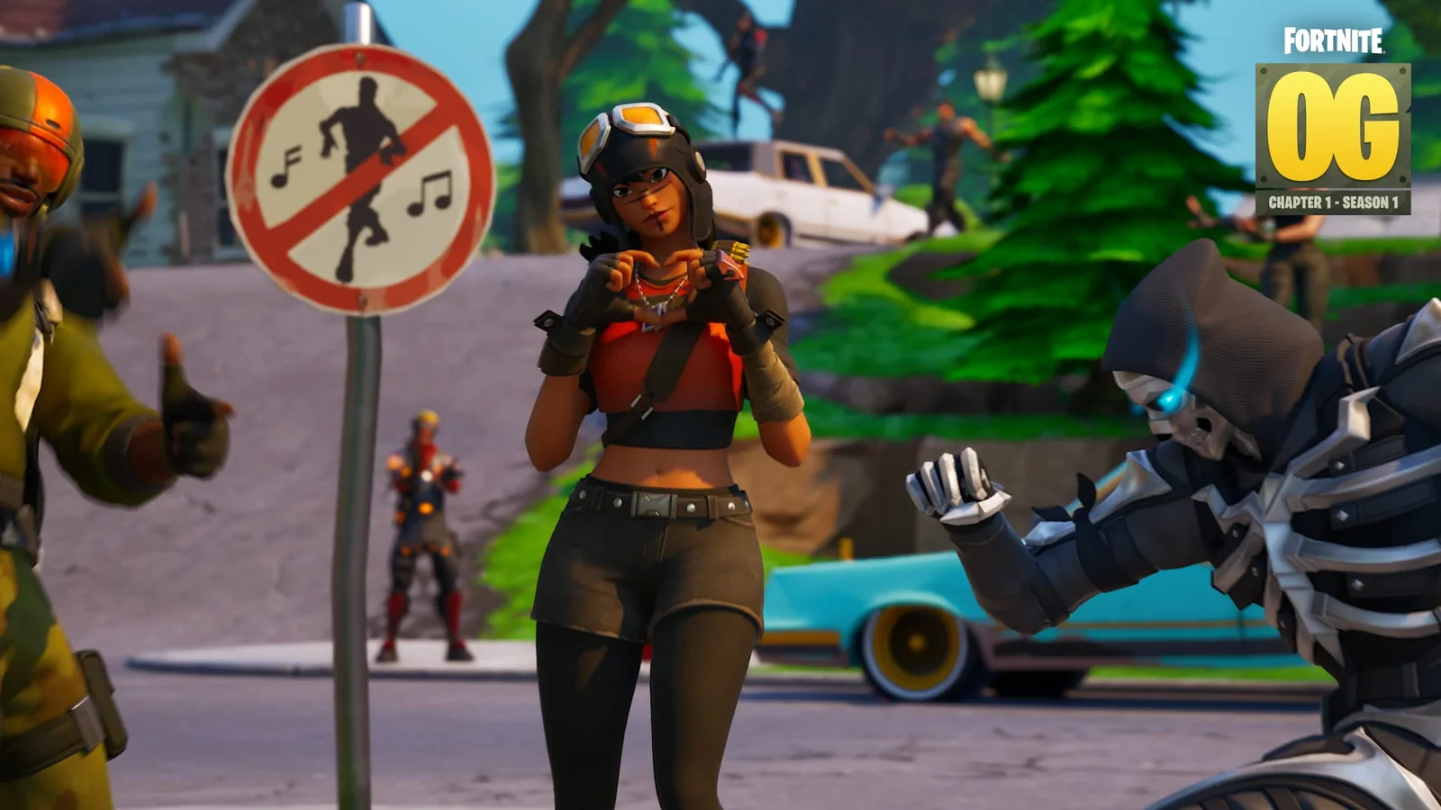 Official Fortnite OG screenshot showing classic characters gathered in a suburban Chapter 1 setting