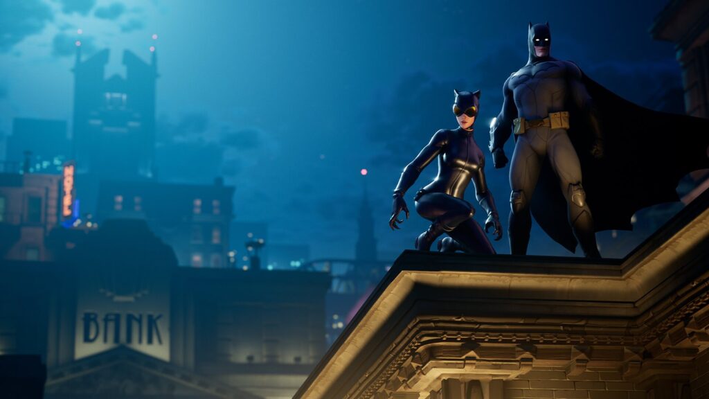 Official Fortnite screenshot showing Batman and Catwoman overlooking Gotham City during the original 2019 crossover