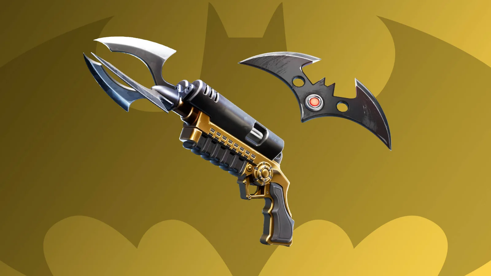 Official Fortnite promotional image of the Batman Grapnel Gun and Explosive Batarang
