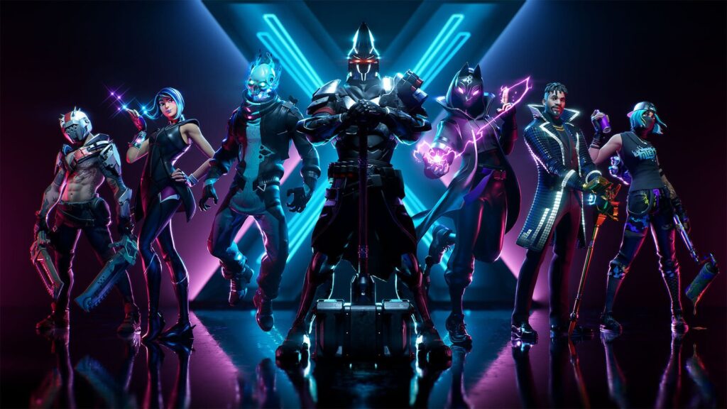 Fortnite OG Season X Hotfix Fixes Pump Shotgun, Storm Flip and More Official Fortnite Season X key art featuring multiple Season X characters posed against a dark neon-blue background