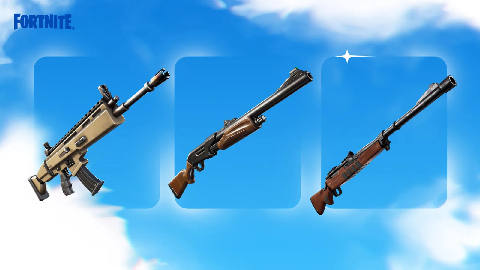 Official Fortnite OG image showing the Pump Shotgun alongside the Assault Rifle and Hunting Rifle on a blue background