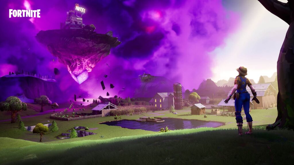 Official Season X artwork showing Kevin the Cube’s floating island carrying the Motel above the map