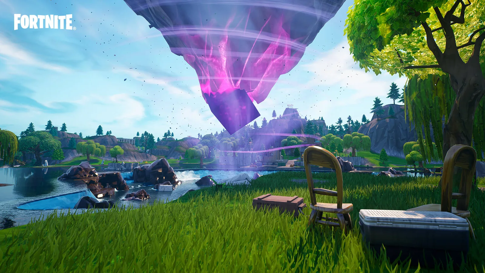 Official Fortnite OG artwork showing Kevin’s floating island suspended above Loot Lake