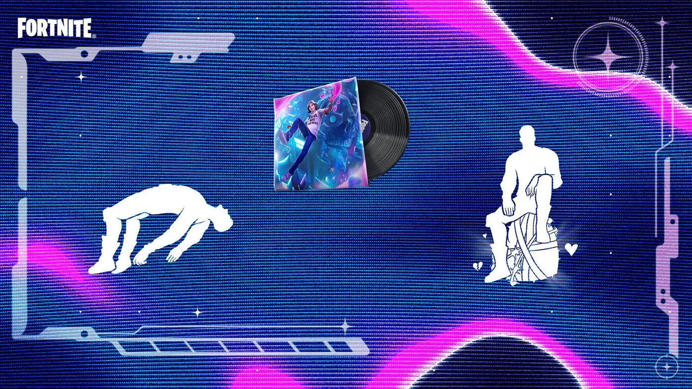 Official Fortnite artwork showing two music emotes and a lobby track from The Kid LAROI collaboration