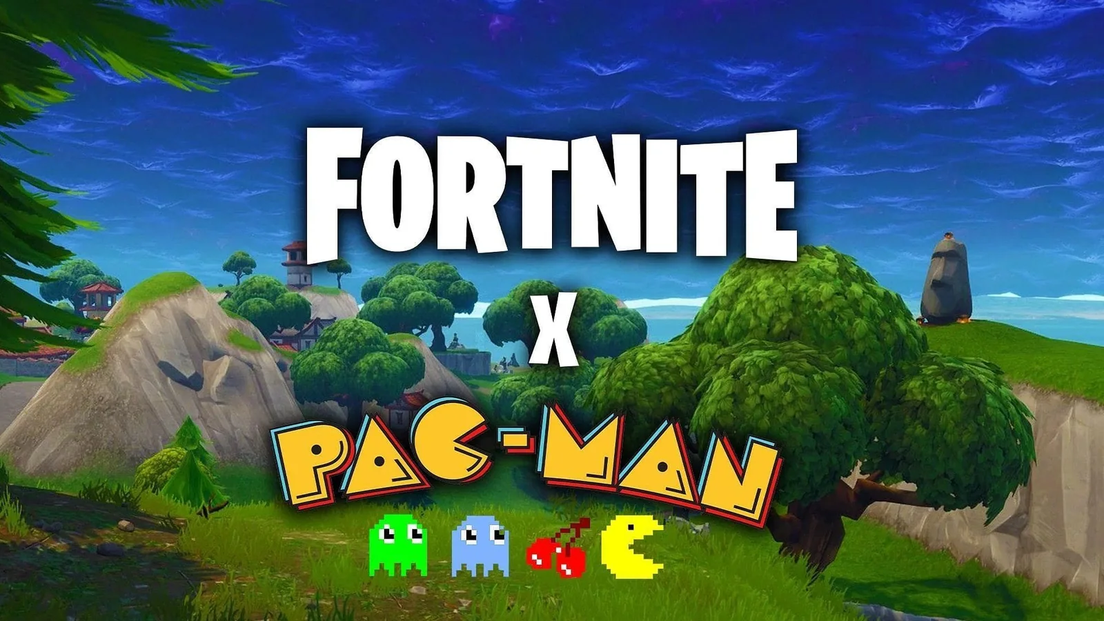 Fortnite x PAC-MAN crossover graphic with the Fortnite and PAC-MAN logos over a Fortnite landscape