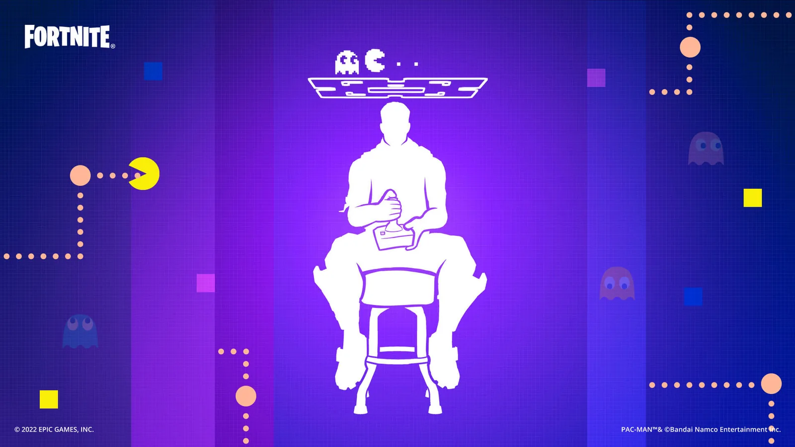 Official Fortnite PAC-MAN promotional artwork showing a Fortnite character projecting PAC-MAN gameplay above their head