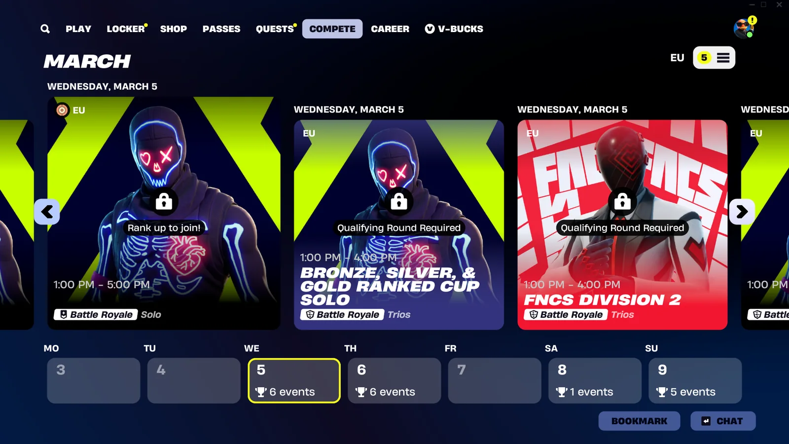 Official Fortnite Compete tab screenshot showing multiple tournament cards and weekly event scheduling