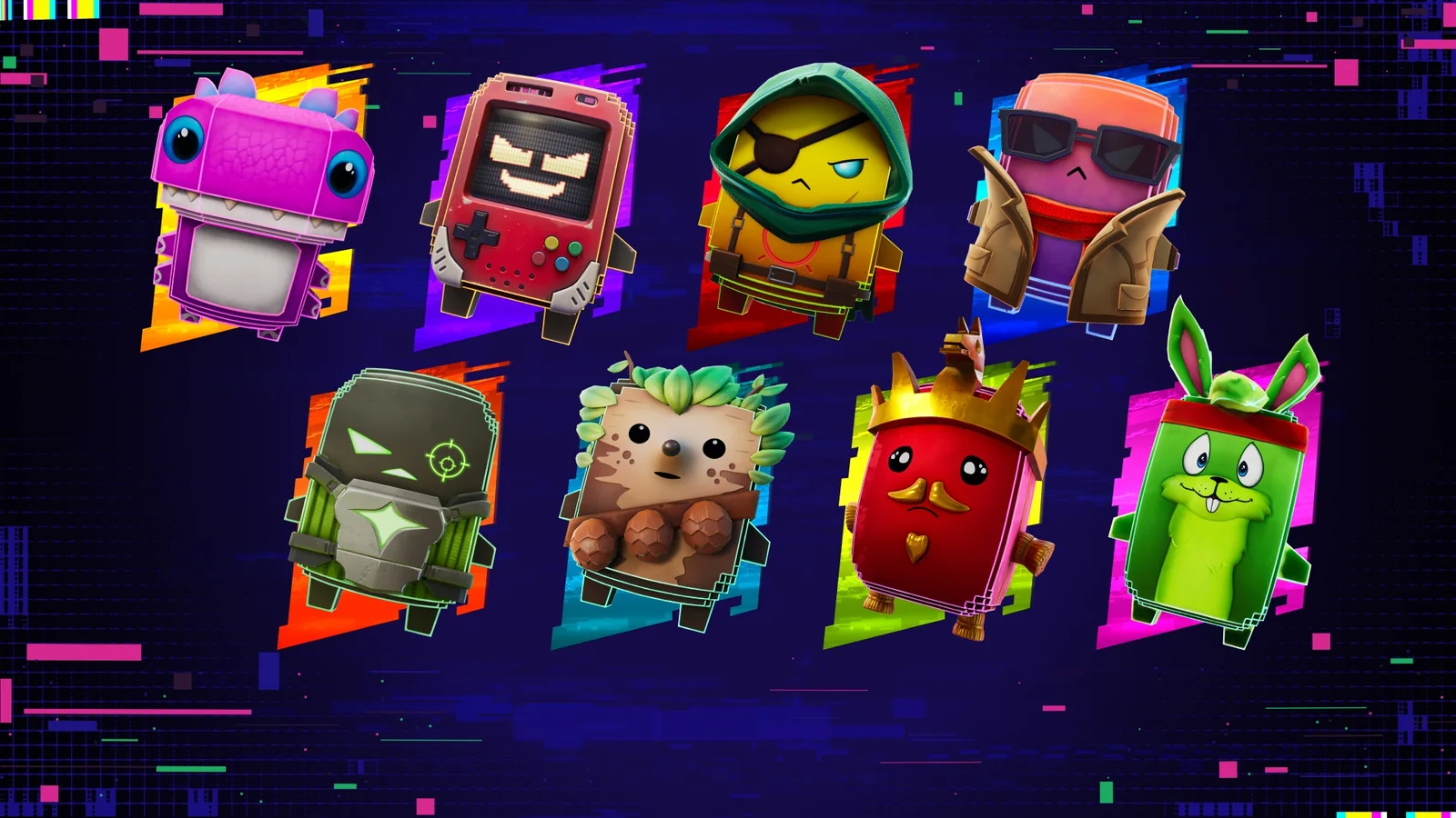 Official Fortnite Sprite showcase featuring several Chapter 7 Season 4 collectible Sprites against neon Override
