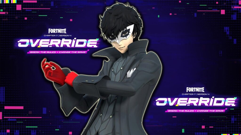 Fortnite v42.20 Leak Reveals Persona 5 Match Override Official Fortnite Persona 5 teaser frame showing Joker running through a neon-lit Override environment