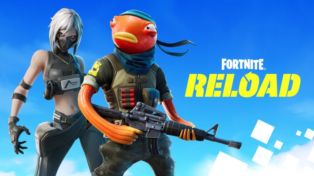 Fortnite Reload Leak Points to Flashlight Pistol Addition Official Fortnite Reload promotional artwork featuring Hush and Triggerfish against the blue Reload branding