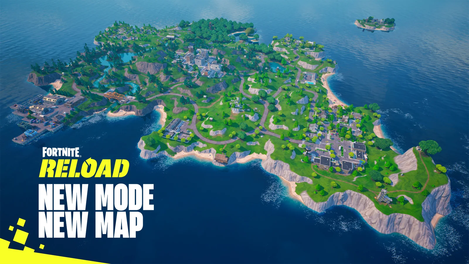 Official Fortnite Reload aerial image of the original compact island with Reload branding