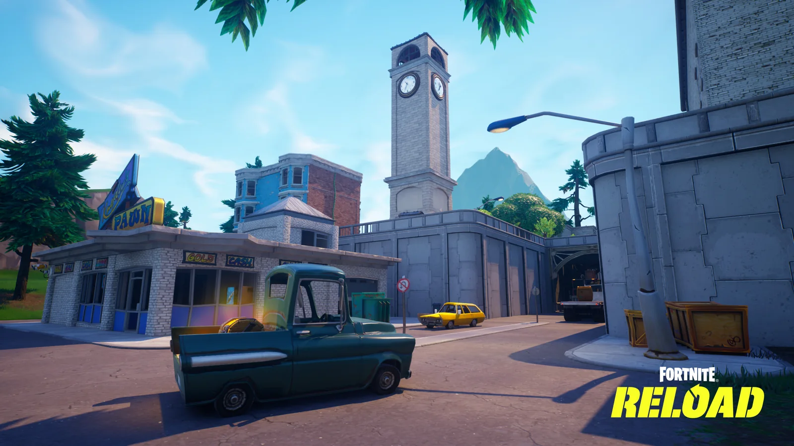 Official Fortnite Reload screenshot showing the Tilted Towers area with vehicles and the clock tower