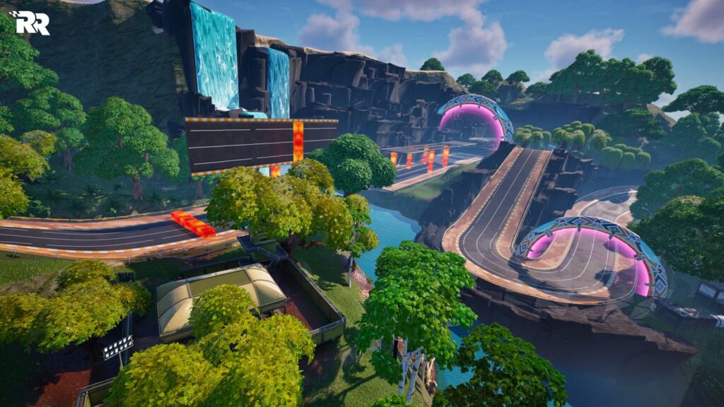 Fortnite Rocket Racing Shuts Down on October 1 Official wide screenshot of a Rocket Racing course winding through a lush canyon environment