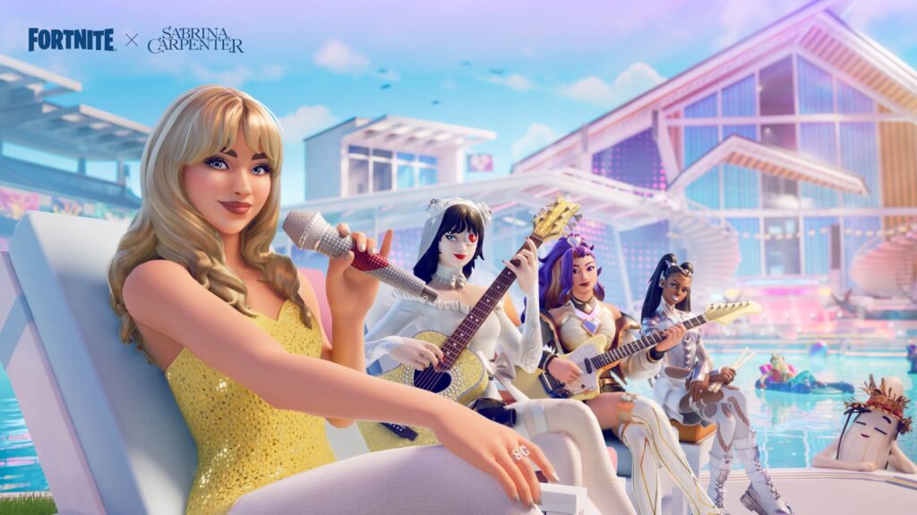 Fortnite Leak Says Sabrina Carpenter Music Pass Skin Is Returning Official Fortnite Festival Season 8 artwork showing Sabrina Carpenter in her yellow Music Pass outfit with other