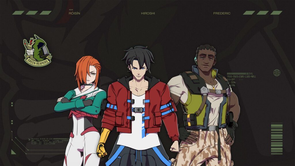 Fortnite x Screamer Brings Hiroshi Jackson to the Item Shop Official Green Reapers character artwork featuring Hiroshi Jackson centered between Róisín Garrity and Frederic