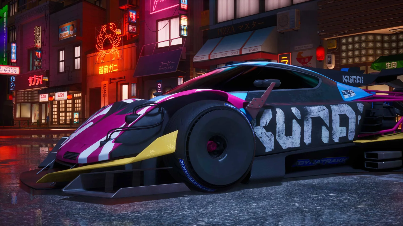 Official Screamer image of a Green Reapers race car parked in a neon-lit Neo Rey street