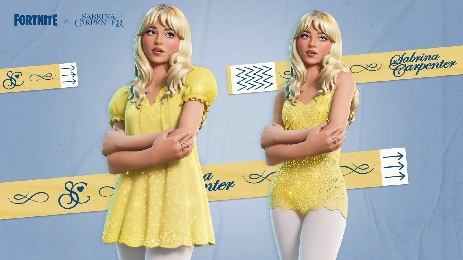 Official Fortnite artwork showing Sabrina Carpenter's two in-game outfit styles
