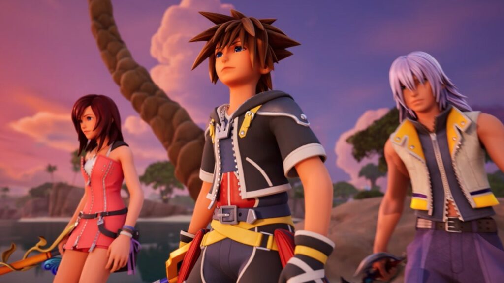 Sora shown in his Fortnite Kingdom Hearts II outfit with the Kingdom Key during the official crossover trailer