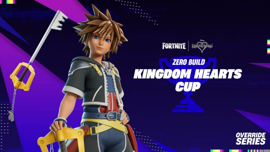 Fortnite Confirms Sora’s Kingdom Key as Battle Royale Weapon Official Fortnite Kingdom Hearts Cup artwork showing Sora holding the Kingdom Key beside the Fortnite and Kingdom Hearts