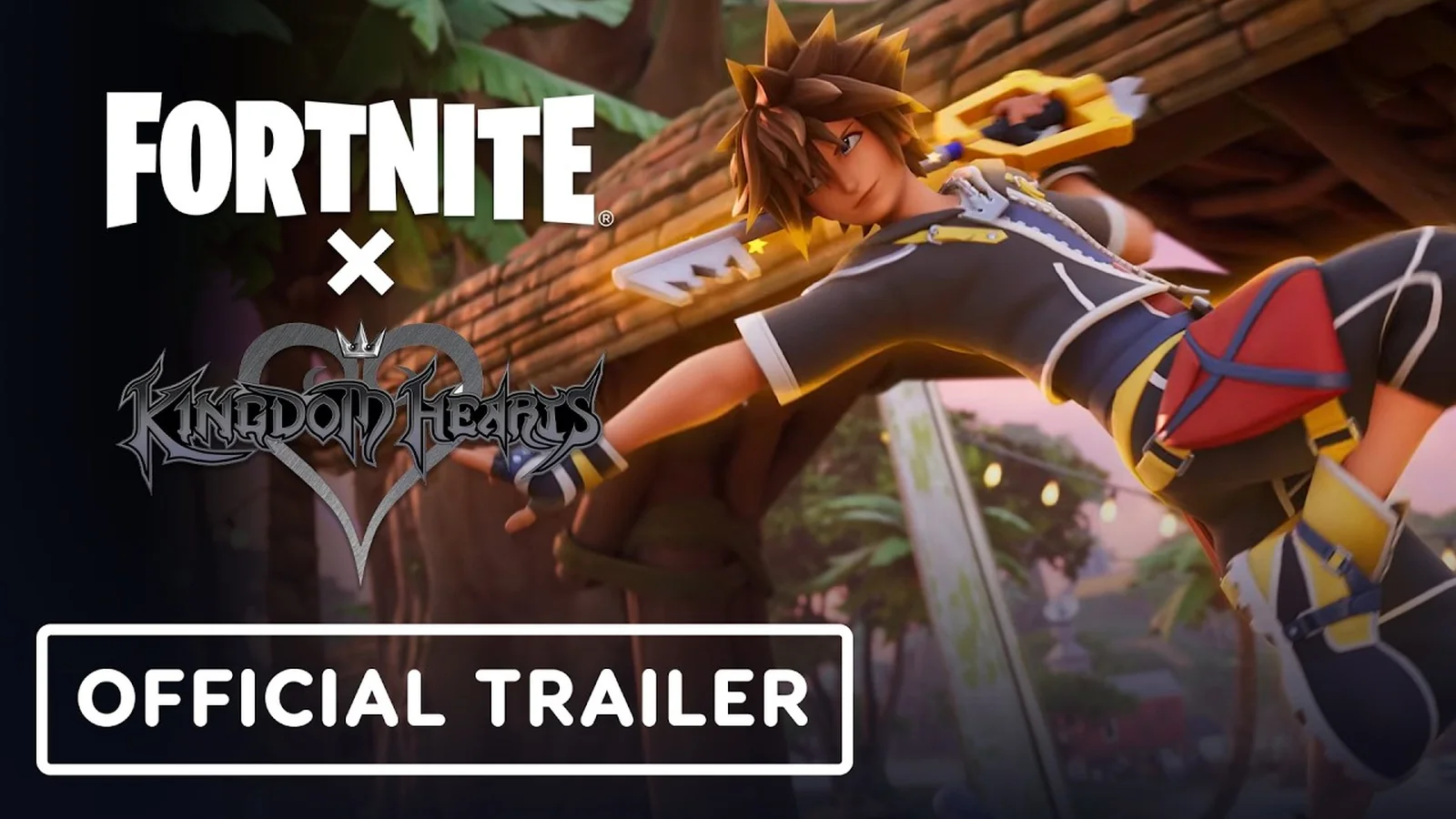 Official Kingdom Hearts crossover trailer thumbnail showing Sora and the Fortnite version of the collaboration