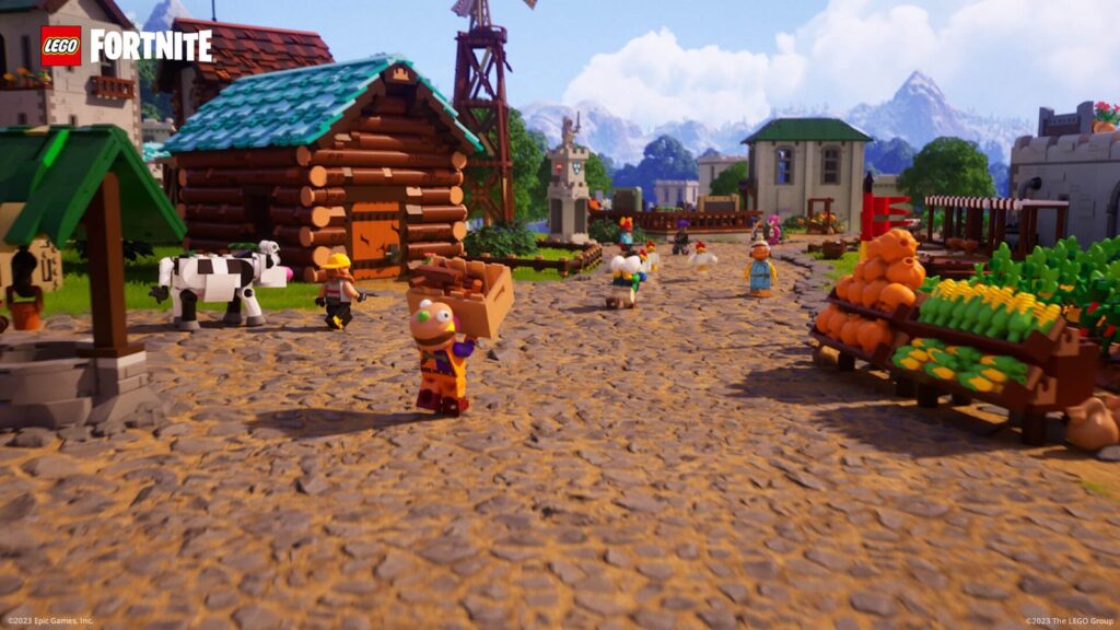 Fortnite Leak Shows New Universe Selector With Disney and Rocket League Official LEGO Fortnite gameplay screenshot showing a populated LEGO village