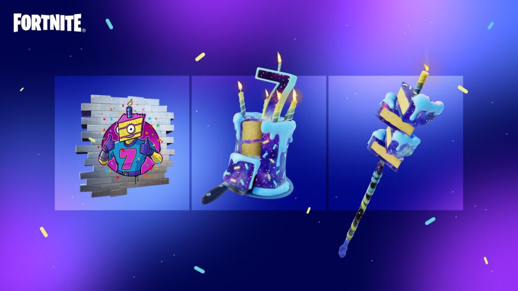 Fortnite v42.20 Datamine Reveals Upcoming Birthday Quests Official Fortnite seventh-birthday artwork showing the Birthday Bud spray, cake-themed Back Bling and Cake Clobberer