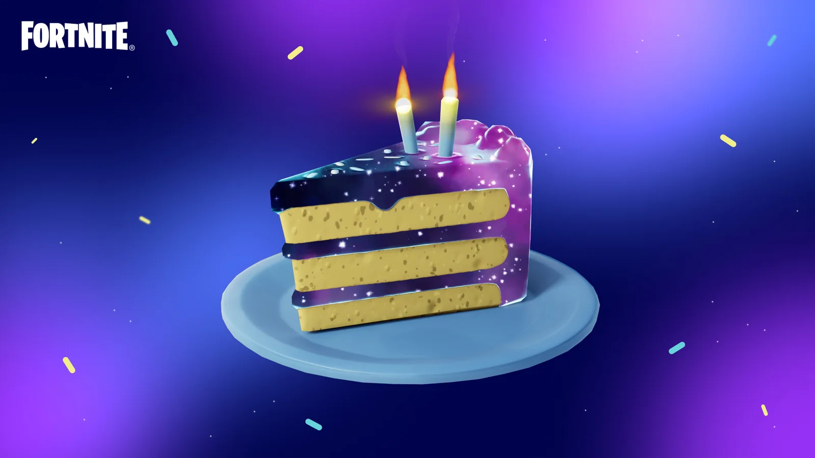 Official Fortnite birthday image showing a slice of Birthday Cake on a plate with candles and confetti