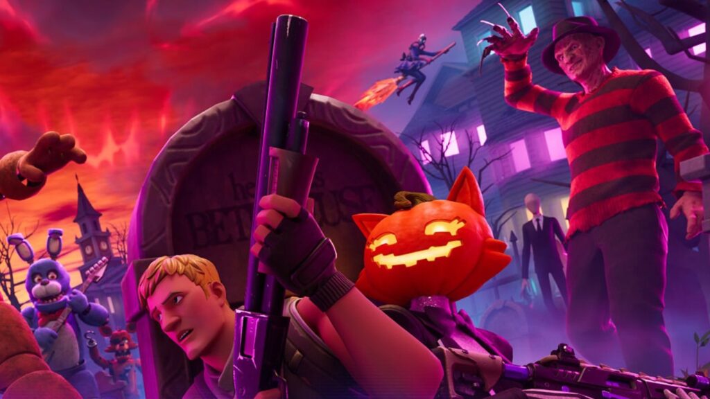 Fortnitemares 2026 Reveals Six Major Fortnite Crossovers Official Fortnitemares 2026 key art featuring Freddy Fazbear, Freddy Krueger, Slender Man, Asta and Lady Liberty around