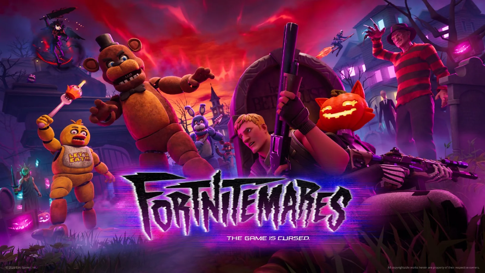 Fortnitemares 2026 promotional scene with Freddy Fazbear and Freddy Krueger confronting Fortnite characters