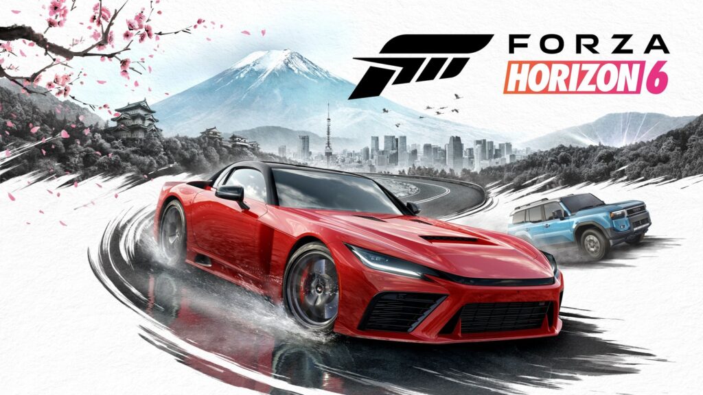 Official unbranded Forza Horizon 6 key art showing the two cover cars against Mount Fuji and Tokyo
