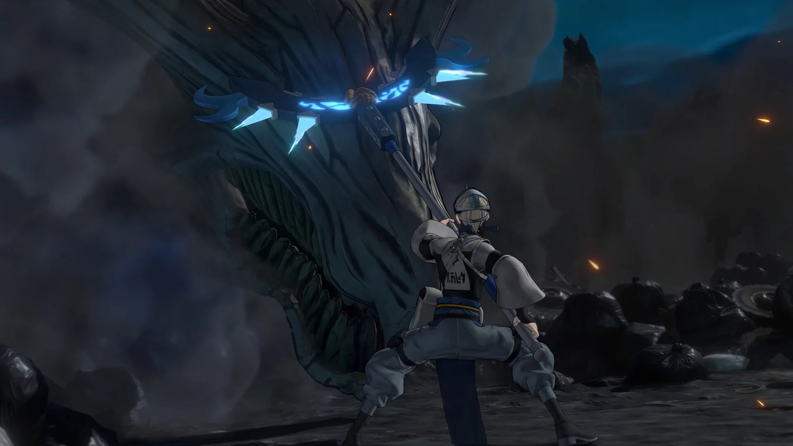 Official gameplay screenshot showing a character confronting a large trash-beast with a glowing blue weapon