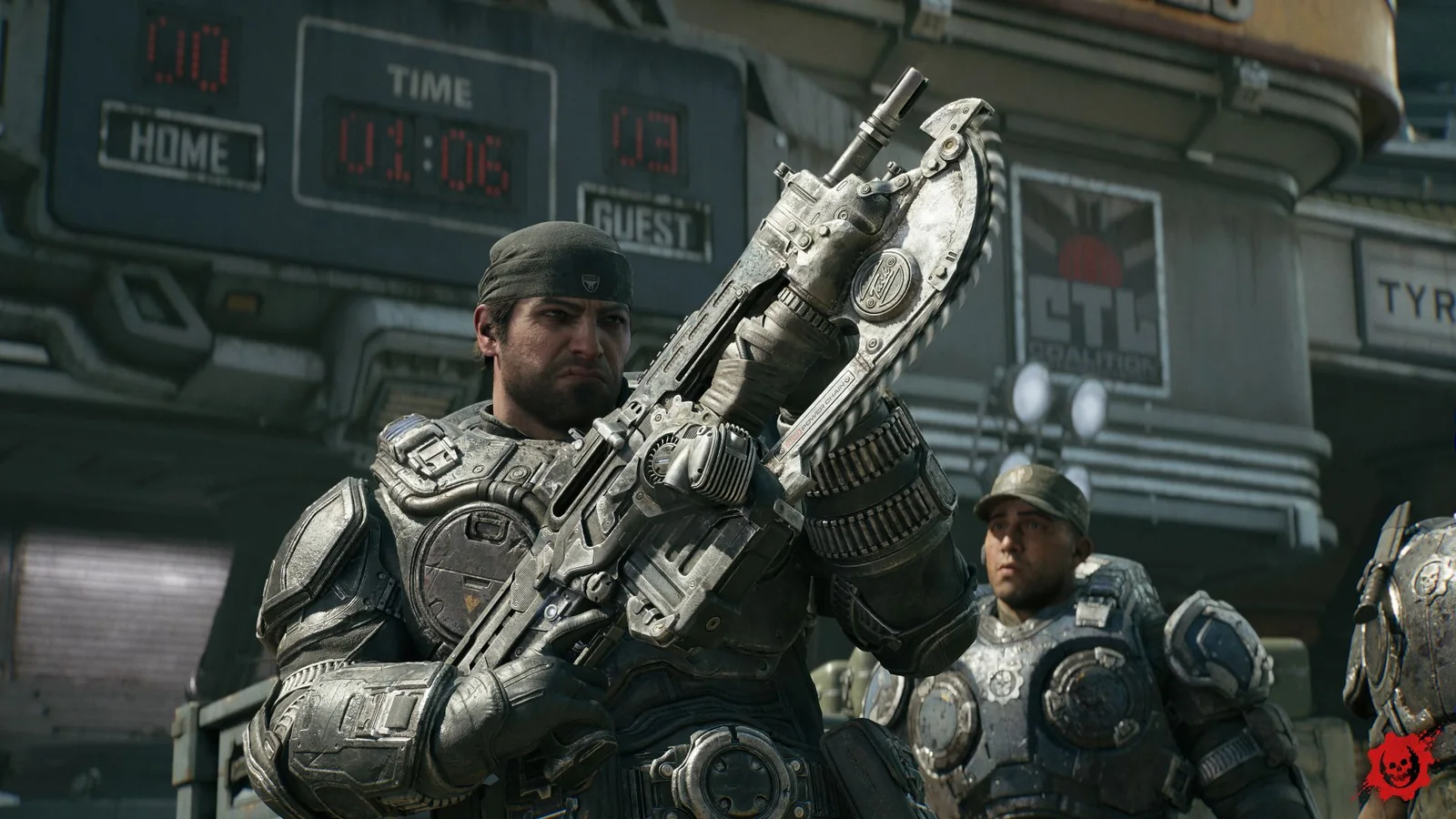 Official Gears of War: E-Day screenshot showing Marcus Fenix examining a Lancer with other Gears nearby