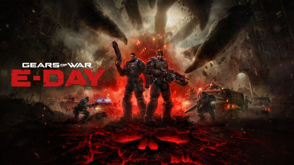 Gears of War: E-Day Achievement List Reveals 55 Challenges Official Gears of War: E-Day hero artwork showing Marcus Fenix and Dominic Santiago amid the destruction of Emergence