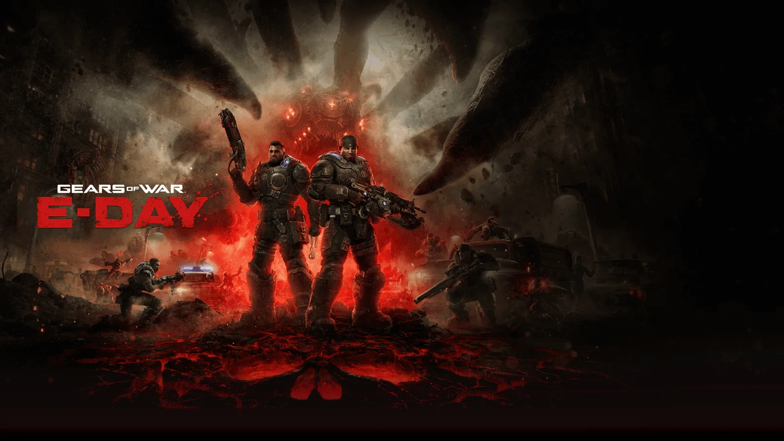 Official Gears of War: E-Day screenshot showing Marcus facing a huge Locust creature during Emergence Day