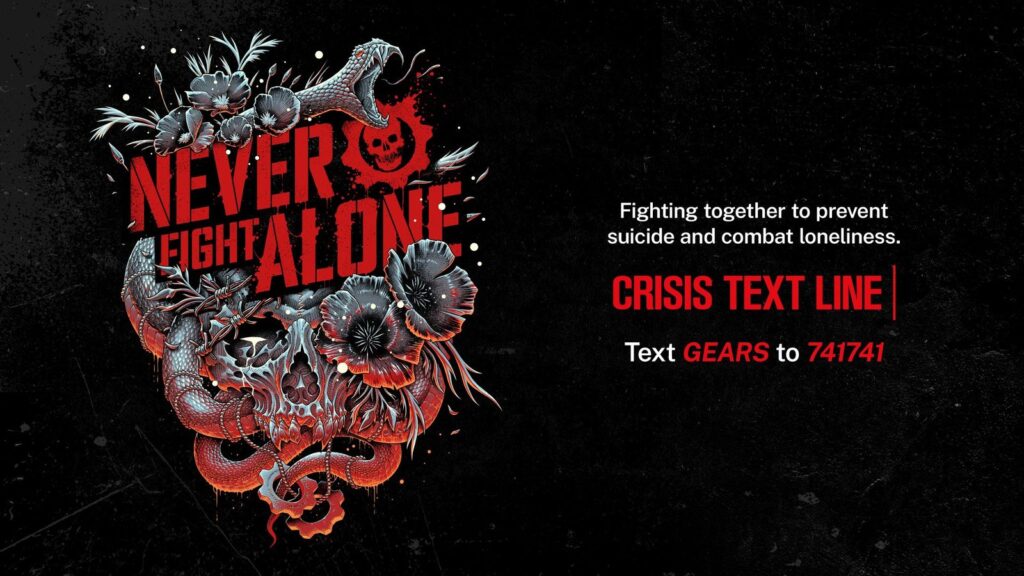 Gears of War Begins Fifth Year of Never Fight Alone Campaign Official 2026 Never Fight Alone campaign artwork featuring Luke Preece's red-and-black Gears design alongside Crisis