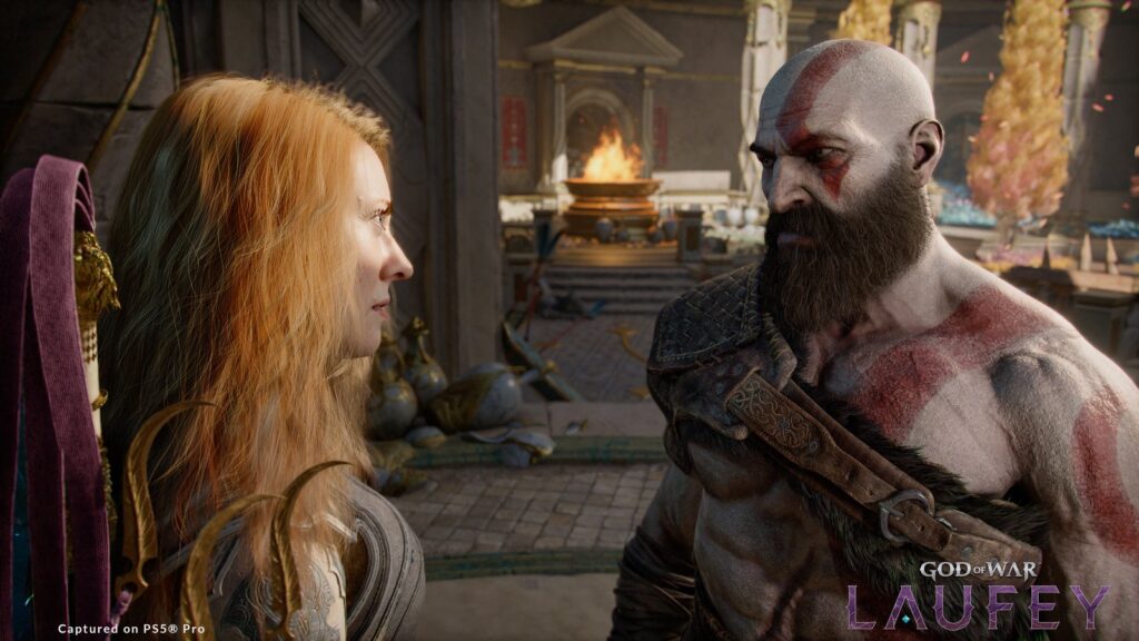 God of War Laufey Pre-Order Bonuses and Deluxe Edition Revealed Faye confronts Kratos inside an ornate location, with both characters prominently framed