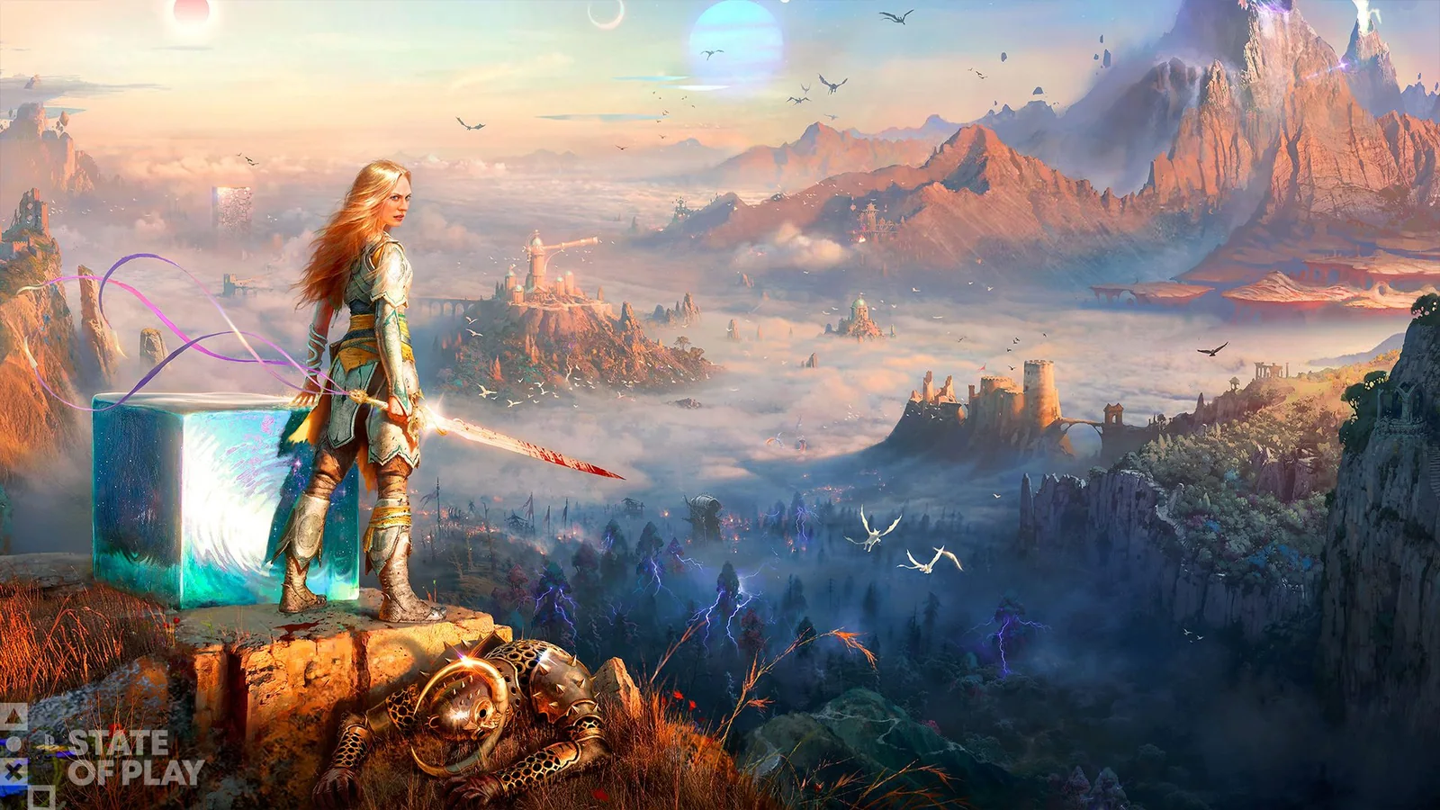 Faye stands on a rocky overlook above the fantastical Everywhen landscape, with a glowing cube beside her and her sword