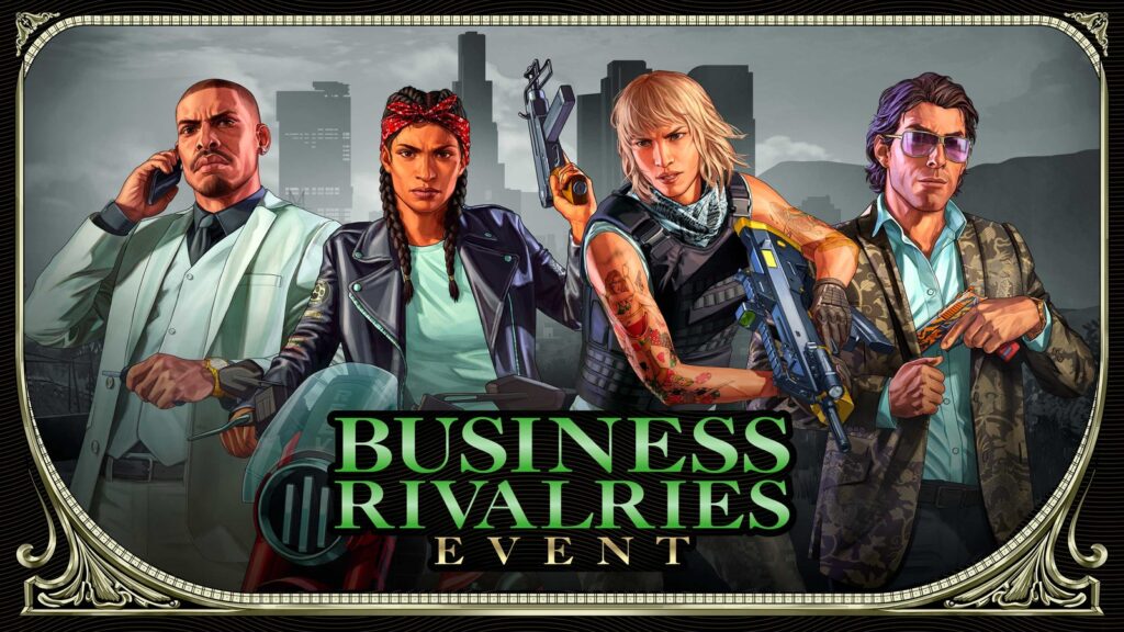 GTA Online Business Rivalries Event Starts With Free Office and GTA$1M Official GTA Online Business Rivalries promotional artwork featuring multiple criminal business characters with the