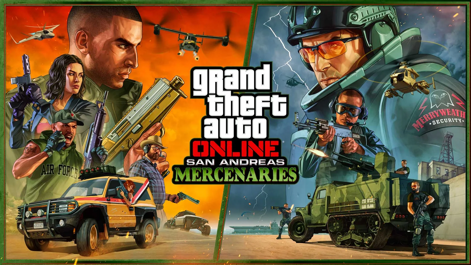 GTA Online San Andreas Mercenaries promotional artwork featuring armed characters, aircraft and military vehicles