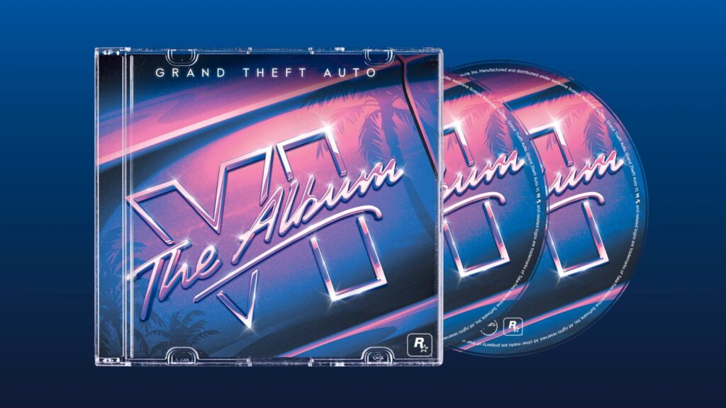 Official Grand Theft Auto VI: The Album CD mockup showing the jewel case and two discs against a blue background