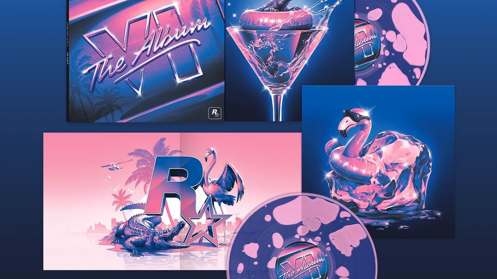 Official Grand Theft Auto VI: The Album physical-edition artwork showing vinyl records, packaging and included art