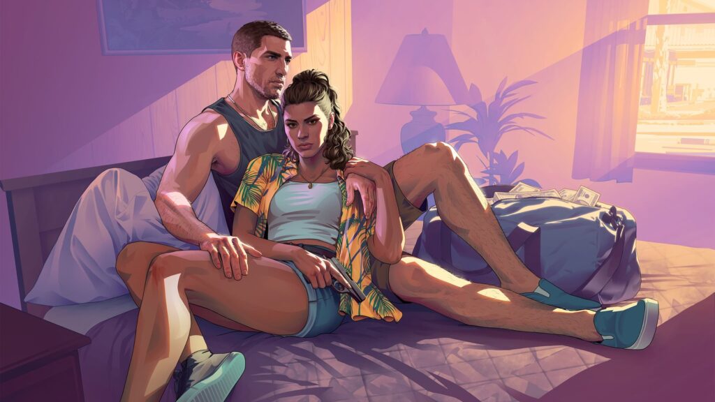 Rockstar Reportedly Keeps GTA VI Cast Under NDA Until Launch Official GTA VI landscape artwork of Jason and Lucia together