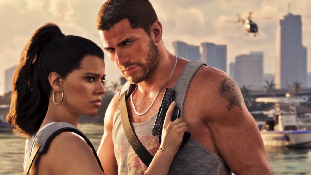 Official Grand Theft Auto VI screenshot showing Jason and Lucia together in a cinematic scene