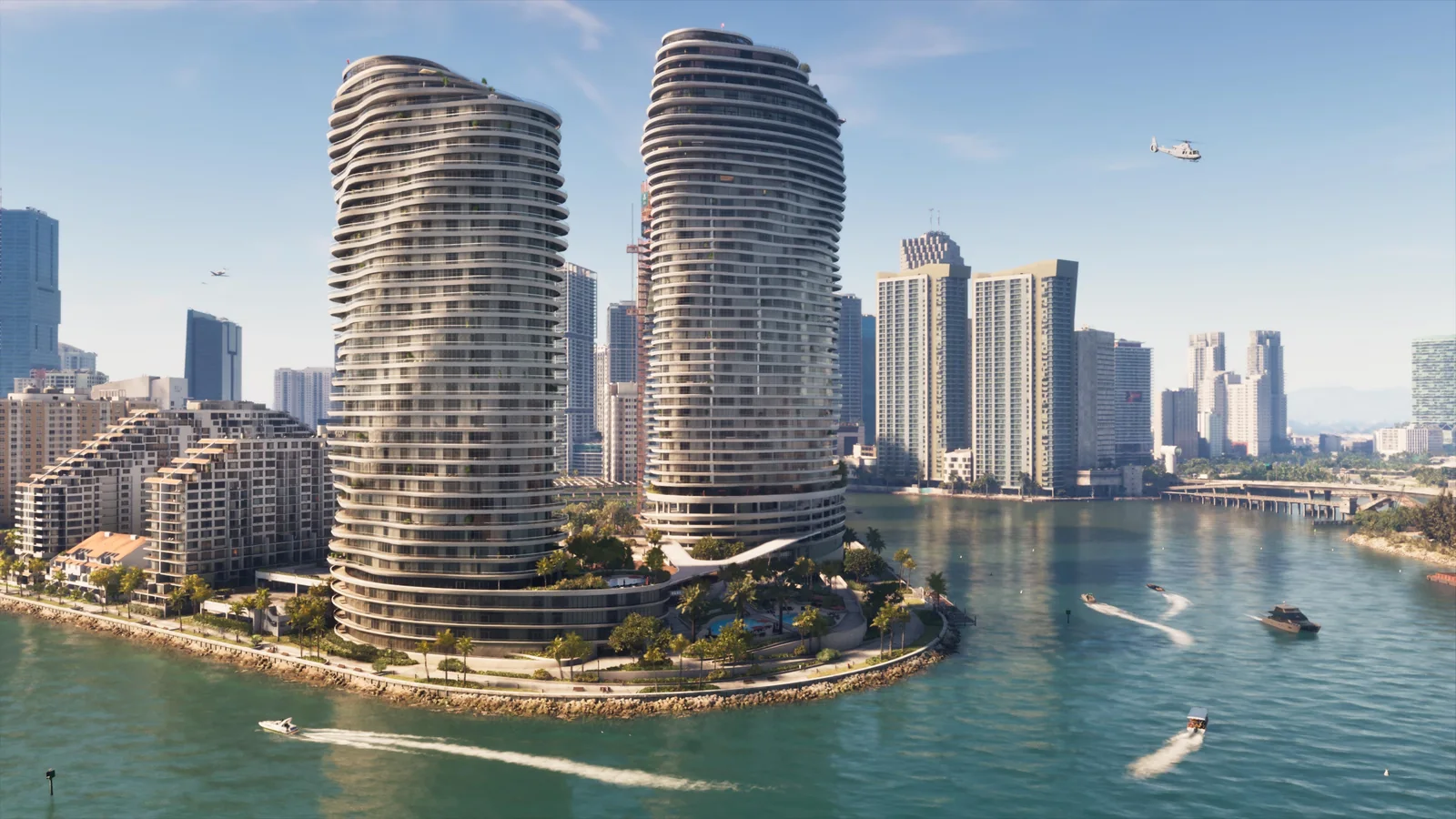 Official Grand Theft Auto VI screenshot showing Vice City in a wide urban scene