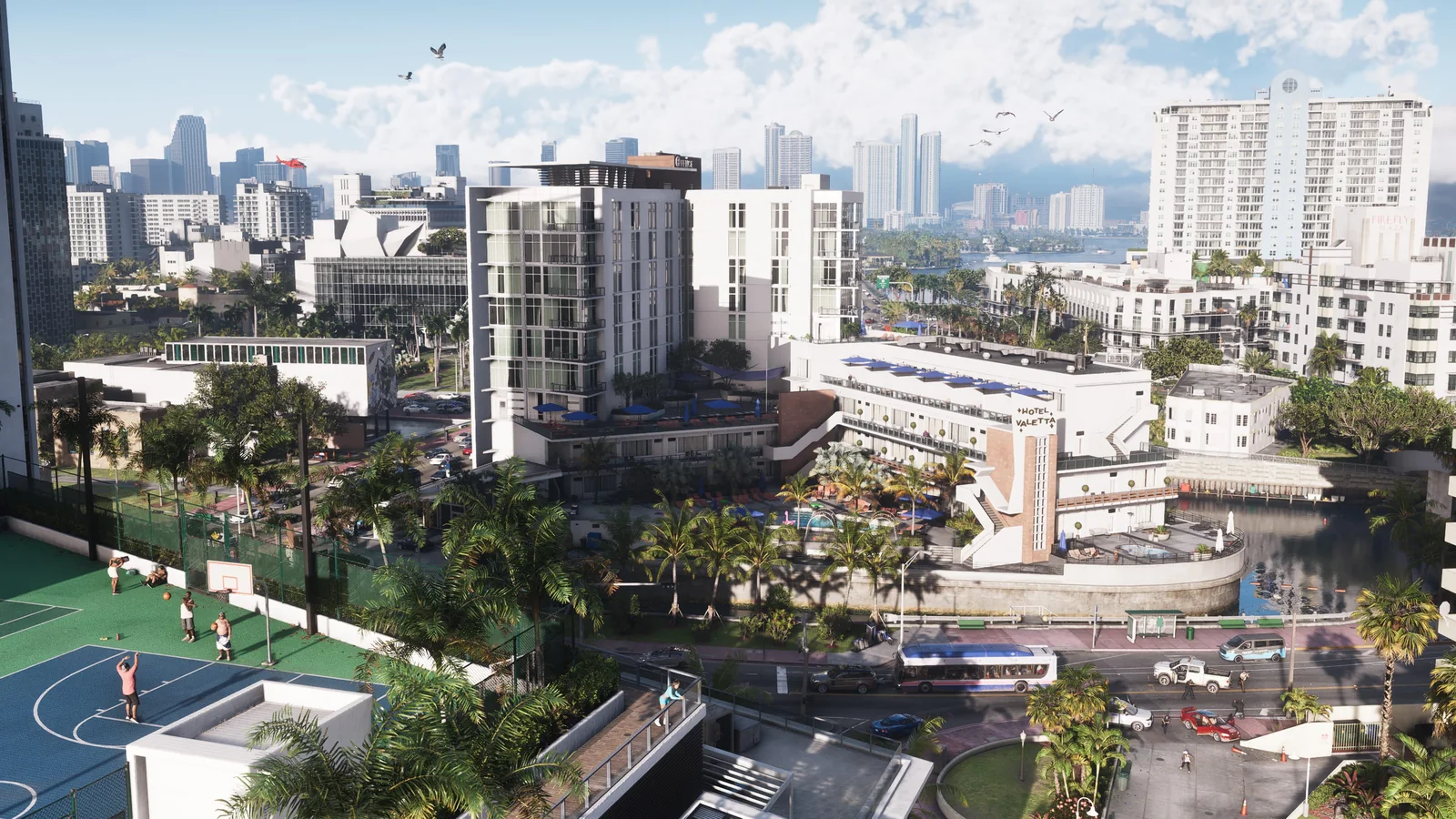 Official GTA VI Vice City screenshot featuring the game's Miami-inspired urban environment