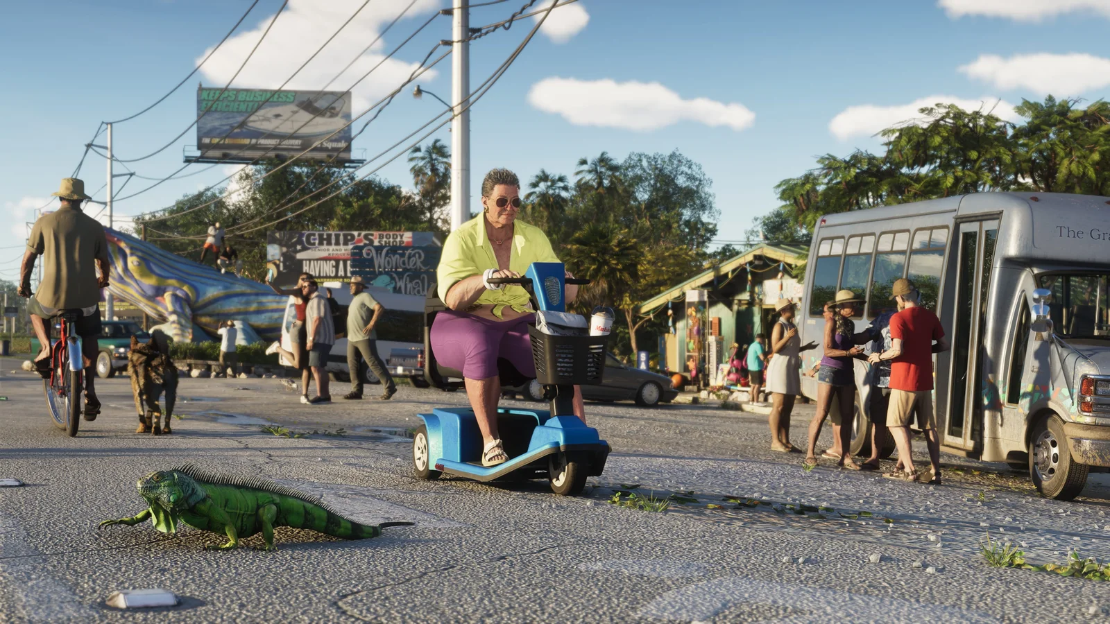 Official GTA VI screenshot showing the tropical Leonida Keys region with coastal scenery