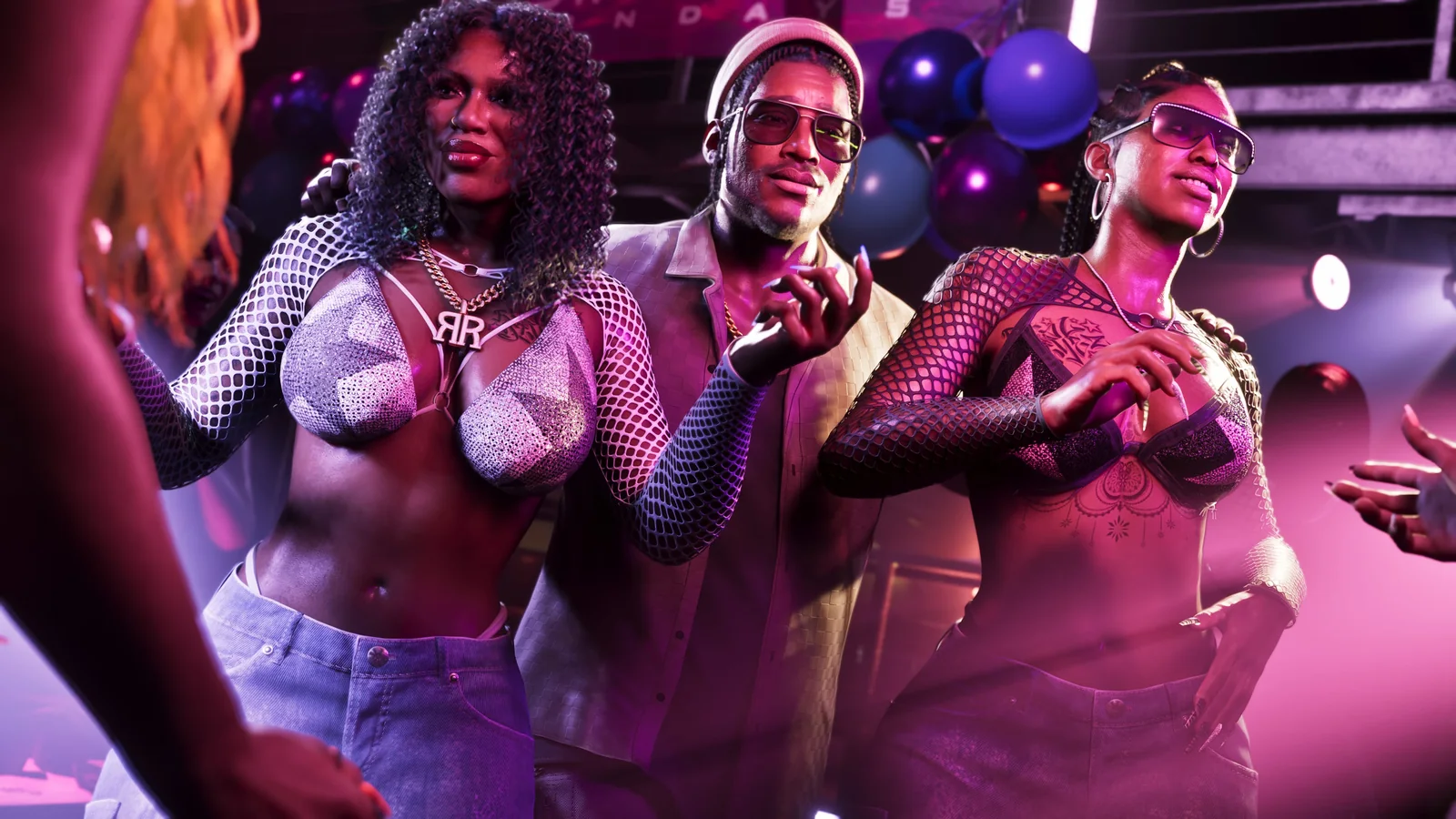 Official GTA VI screenshot showing Dre'Quan Priest with the Real Dimez at a neon-lit music venue