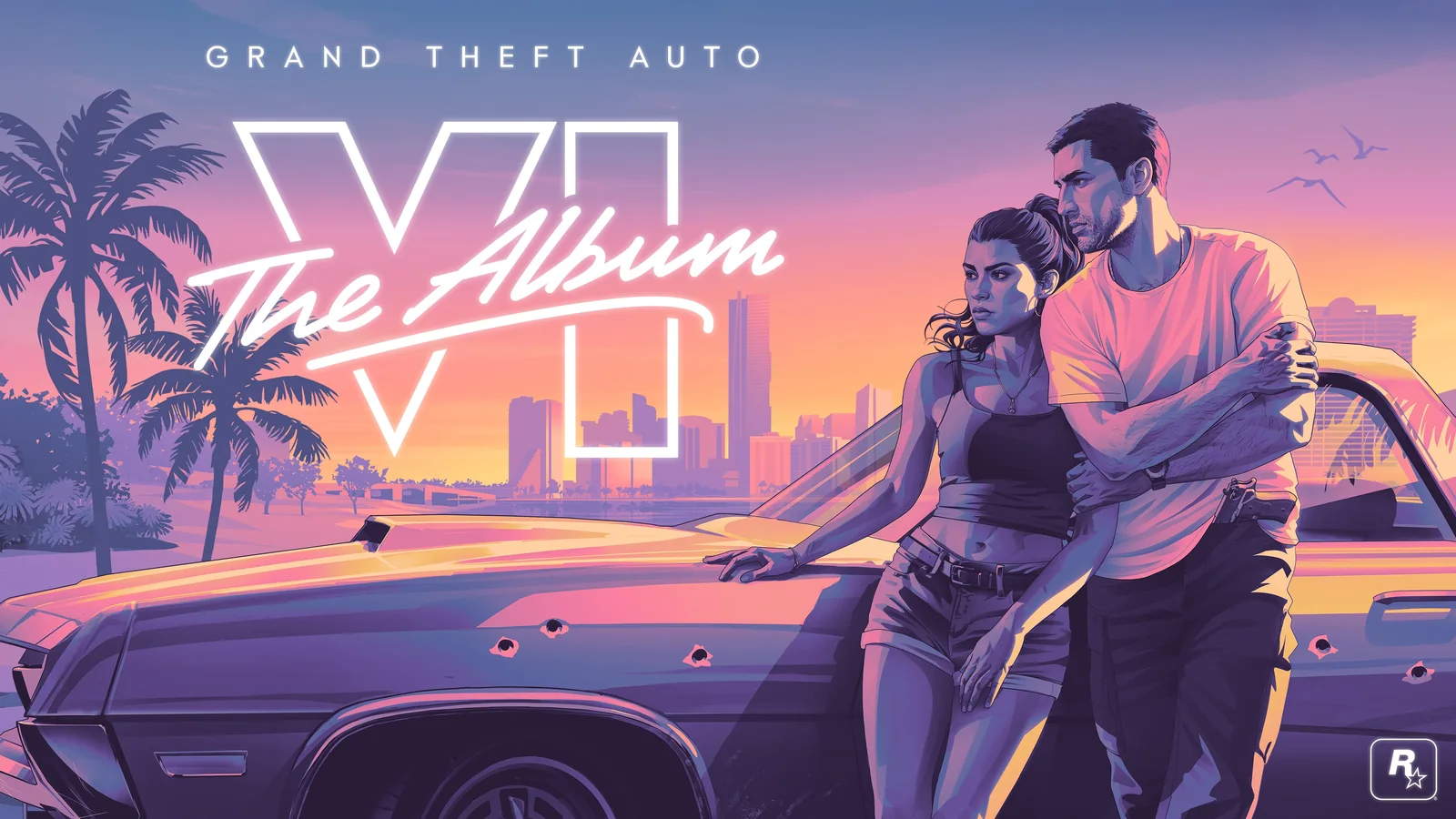 Official GTA VI artwork showing Jason and Lucia together against the Vice City backdrop
